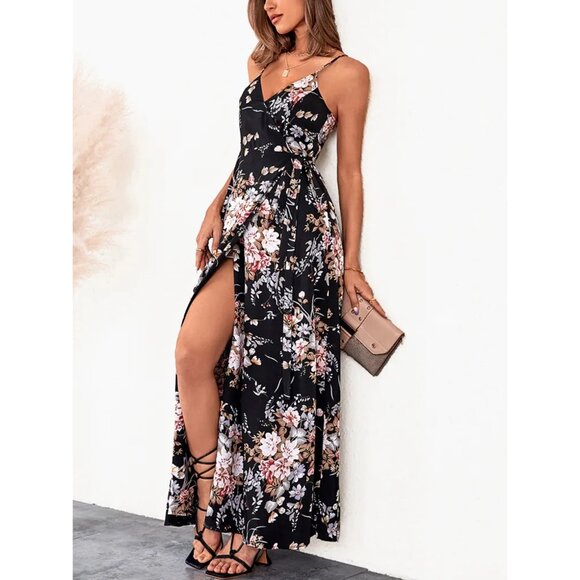 Cupshe Hermine Thin Straps Tie Waist Slip Dress Sz Small Womens Black & Pink Flo - Picture 1 of 16